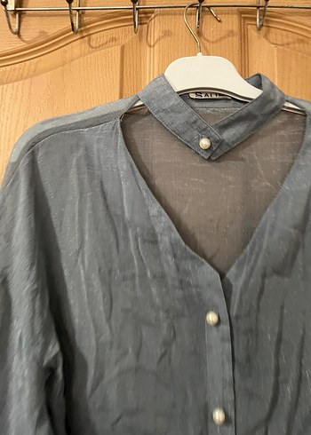 Gri Keten Düğmeli Uzun Kollu Bluz - Görsel 7