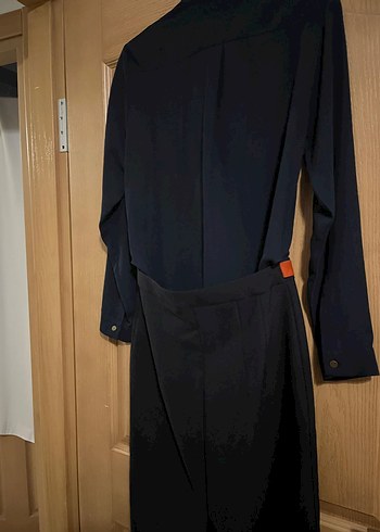 Lacivert Uzun Kollu Kemerli Ofis Elbisesi - Görsel 9