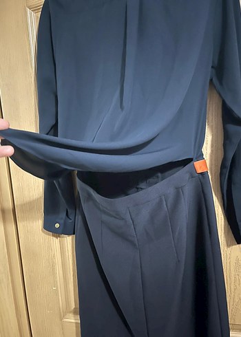 Lacivert Uzun Kollu Kemerli Ofis Elbisesi - Görsel 5