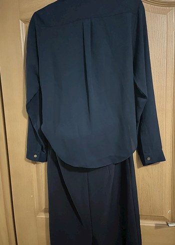 Lacivert Uzun Kollu Kemerli Ofis Elbisesi - Görsel 6