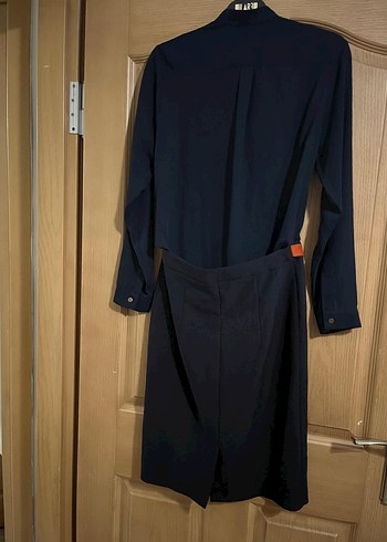 Lacivert Uzun Kollu Kemerli Ofis Elbisesi - Görsel 7