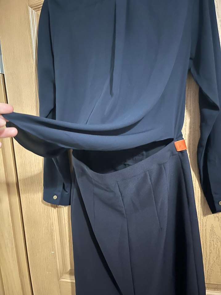 Lacivert Uzun Kollu Kemerli Ofis Elbisesi - Görsel 5