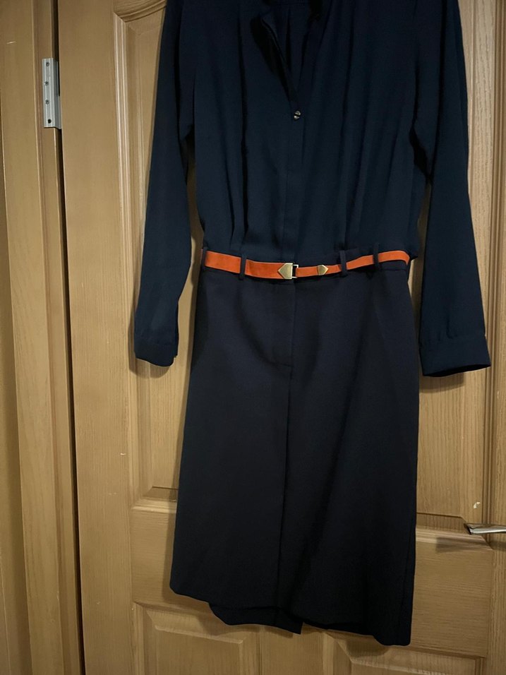 Lacivert Uzun Kollu Kemerli Ofis Elbisesi - Görsel 2