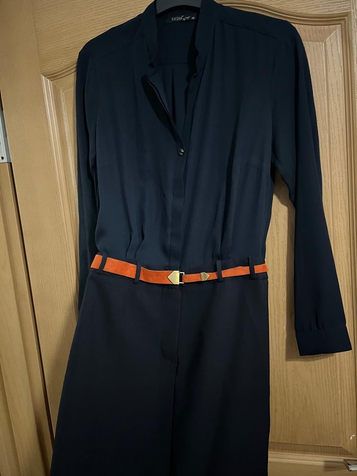 Lacivert Uzun Kollu Kemerli Ofis Elbisesi - Görsel 3