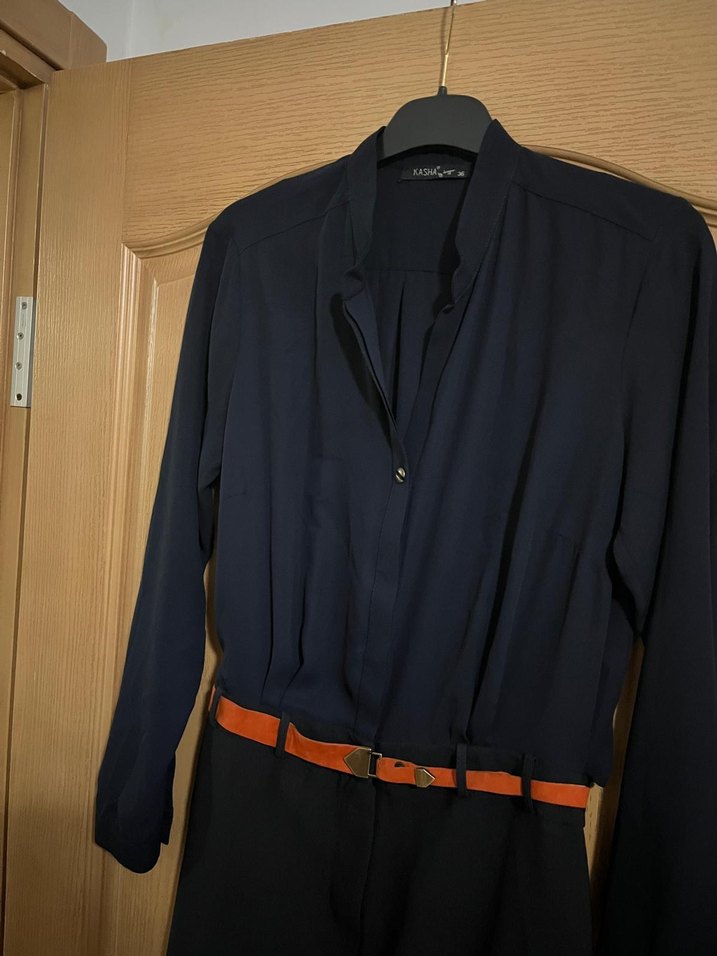 Lacivert Uzun Kollu Kemerli Ofis Elbisesi - Görsel 4