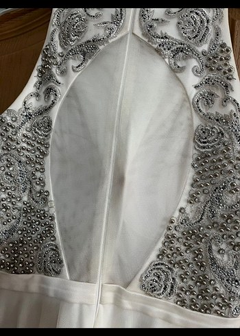 İşlemeli Boncuklu Beyaz Uzun Abiye Elbise - Görsel 2