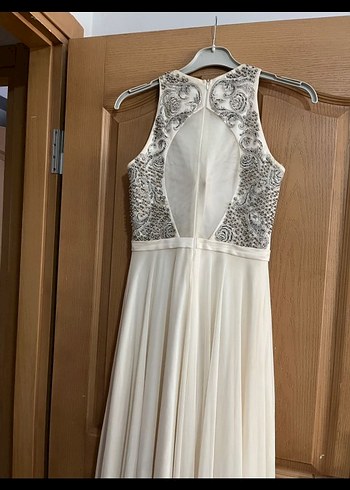 İşlemeli Boncuklu Beyaz Uzun Abiye Elbise - Görsel 8