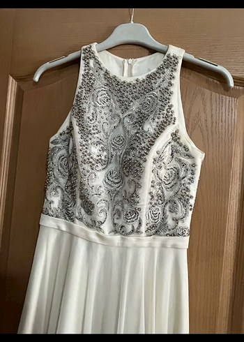 İşlemeli Boncuklu Beyaz Uzun Abiye Elbise - Görsel 5