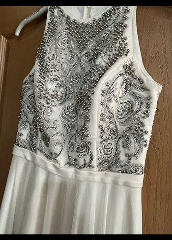 İşlemeli Boncuklu Beyaz Uzun Abiye Elbise - Görsel 4