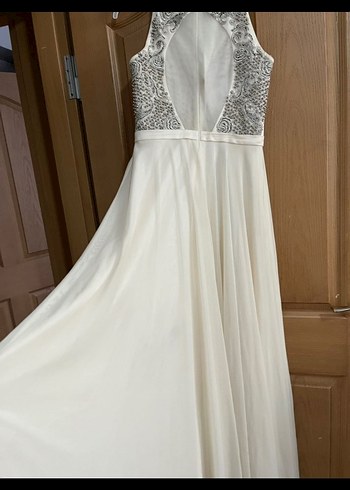 İşlemeli Boncuklu Beyaz Uzun Abiye Elbise - Görsel 7