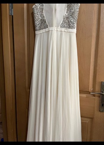 İşlemeli Boncuklu Beyaz Uzun Abiye Elbise - Görsel 3