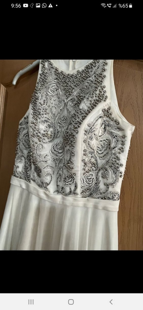 İşlemeli Boncuklu Beyaz Uzun Abiye Elbise - Görsel 4