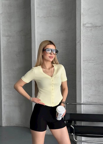 Sarı V Yaka Kısa Kollu Mini Tişört