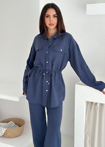 m Beden Düğmeli Lacivert Denim Kadın Takım