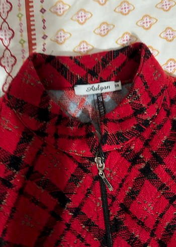 Kırmızı Desenli Fermuarlı Kadın Ceket - Görsel 3