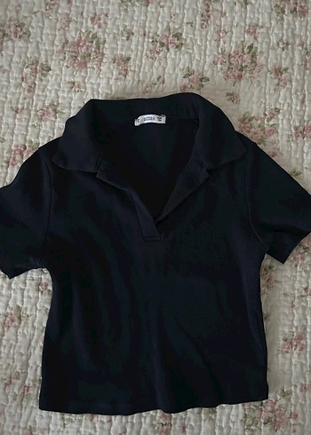 Lacivert Polo Yaka Crop