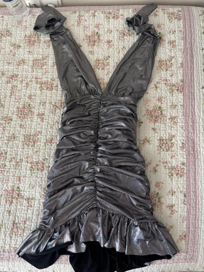 Gümüş Boyundan Bağlamalı Parti Elbisesi - Görsel 5