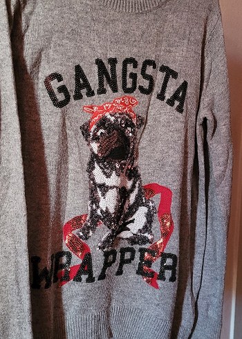 Gri Örgü Köpek Kıyafeti Gangsta Baskılı