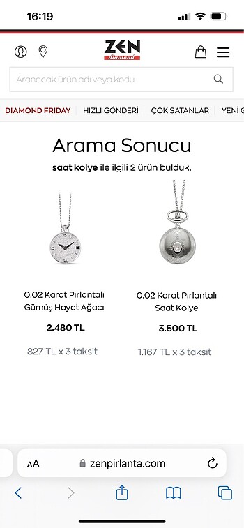  Beden 0.02 karat pırlantalı saat kolye