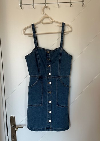Mavi Denim Düğmeli Straplez Midi Elbise