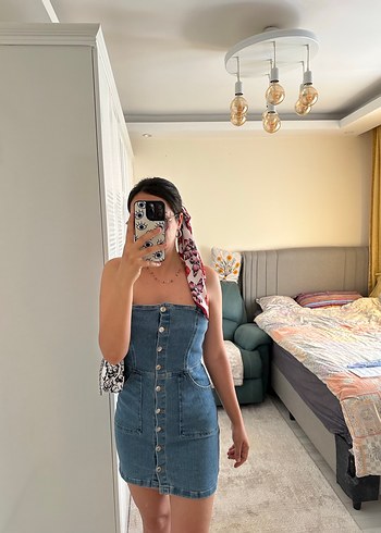 Mavi Denim Düğmeli Straplez Midi Elbise