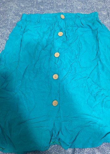 Düğmeli Mavi Keten Midi Etek - Görsel 3