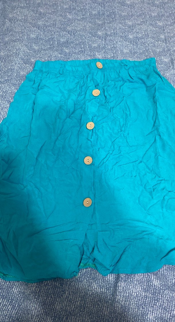 Düğmeli Mavi Keten Midi Etek - Görsel 3