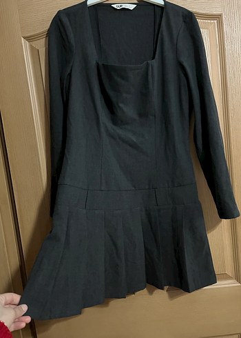 Siyah Midi Uzun Kollu Keten Elbise - Görsel 6