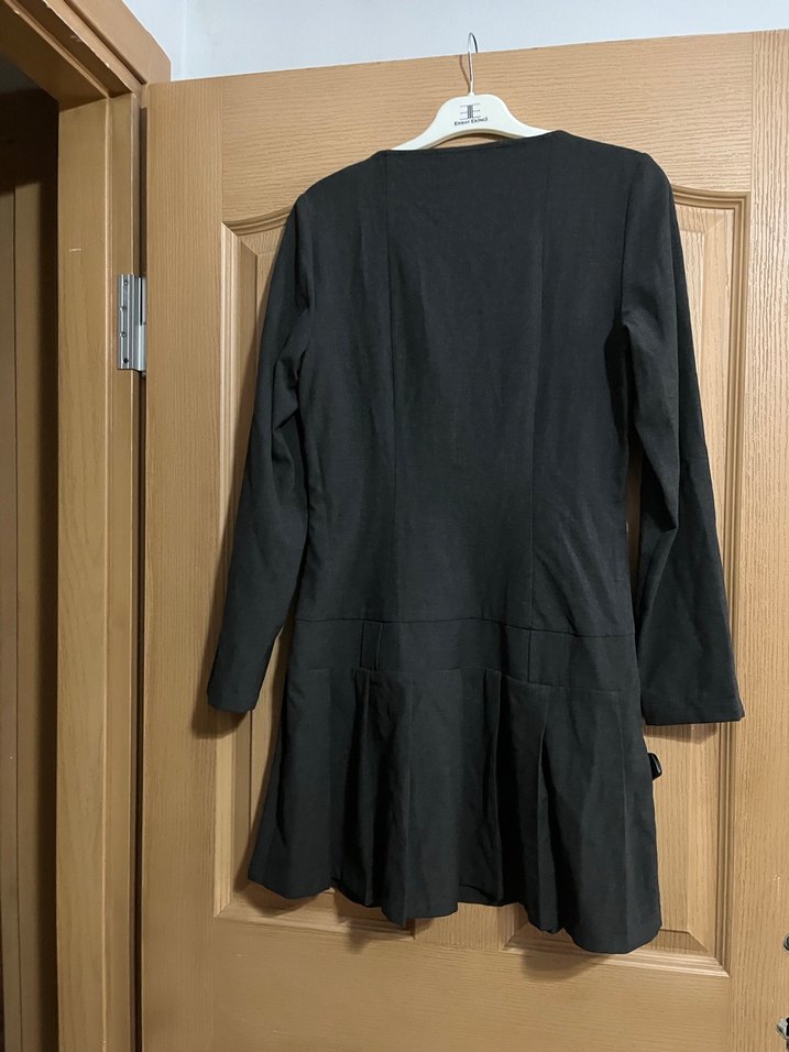 Siyah Midi Uzun Kollu Keten Elbise - Görsel 4