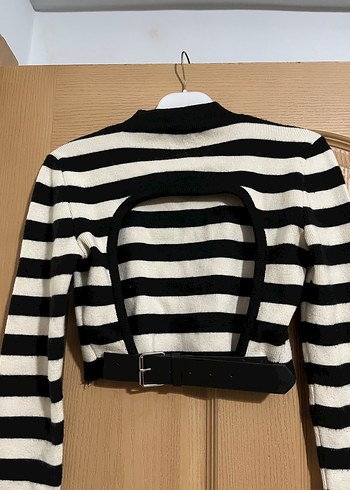 Siyah Beyaz Çizgili Deri Mini Kazak - Görsel 9