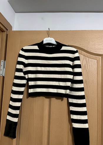 Siyah Beyaz Çizgili Deri Mini Kazak - Görsel 4