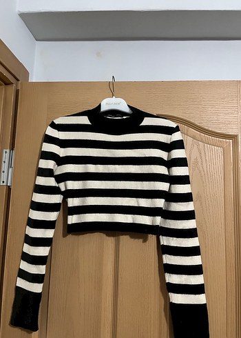 Siyah Beyaz Çizgili Deri Mini Kazak - Görsel 3