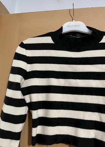 Siyah Beyaz Çizgili Deri Mini Kazak - Görsel 5