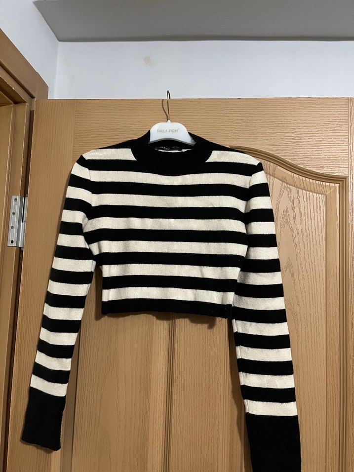 Siyah Beyaz Çizgili Deri Mini Kazak - Görsel 4