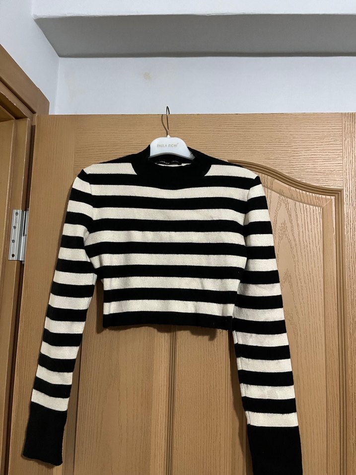 Siyah Beyaz Çizgili Deri Mini Kazak - Görsel 3