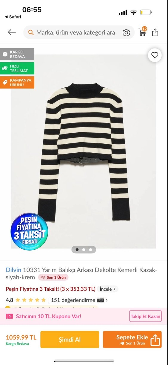 Siyah Beyaz Çizgili Deri Mini Kazak - Görsel 2