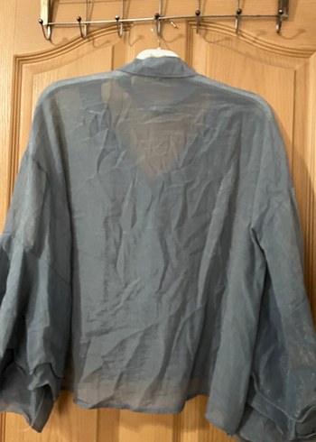 Gri Keten Kadın Gömlek Düğmeli Bohem Stil - Görsel 5