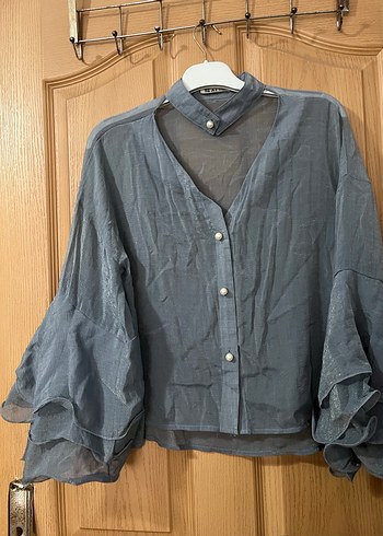 Gri Keten Kadın Gömlek Düğmeli Bohem Stil - Görsel 2