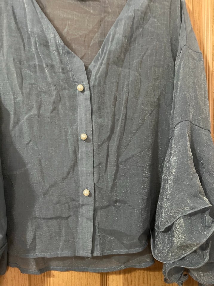 Gri Keten Kadın Gömlek Düğmeli Bohem Stil - Görsel 3