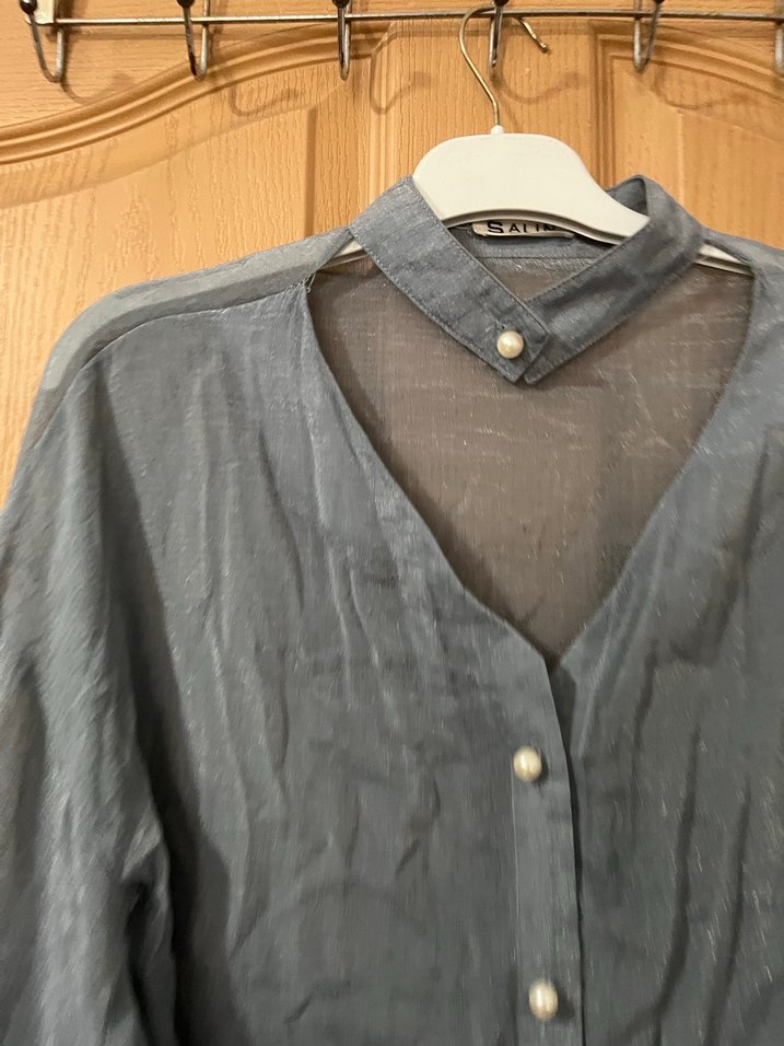 Gri Keten Kadın Gömlek Düğmeli Bohem Stil - Görsel 4