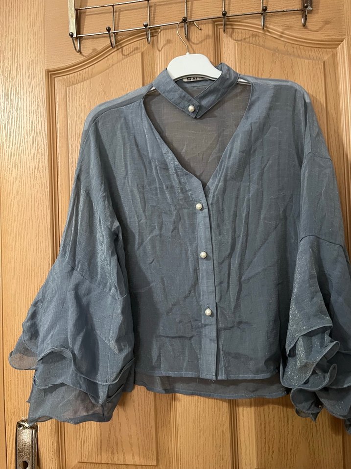 Gri Keten Kadın Gömlek Düğmeli Bohem Stil - Görsel 2