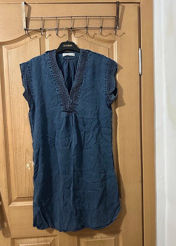 Lacivert V Yaka Kolsuz Salaş Keten Elbise - Görsel 4