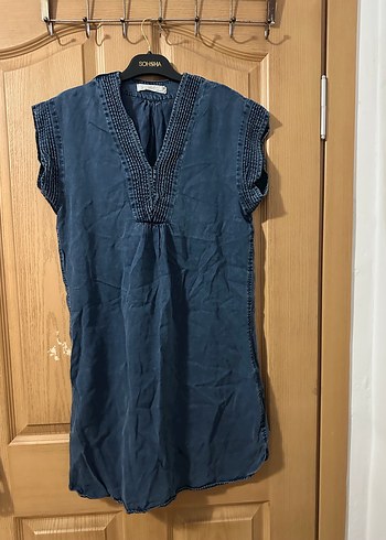 Lacivert V Yaka Kolsuz Salaş Keten Elbise - Görsel 3