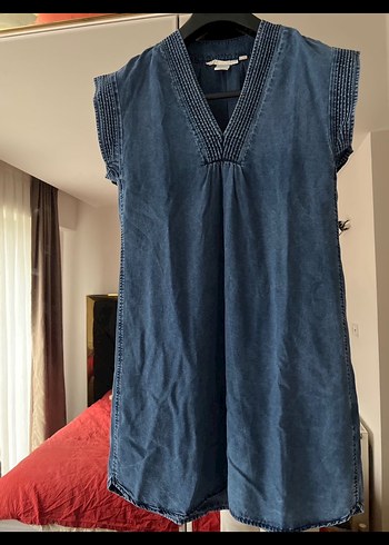 Lacivert V Yaka Kolsuz Salaş Keten Elbise - Görsel 14