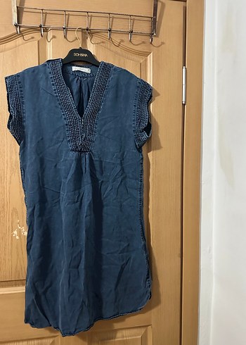 Lacivert V Yaka Kolsuz Salaş Keten Elbise - Görsel 13