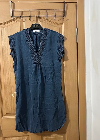 Lacivert V Yaka Kolsuz Salaş Keten Elbise - Görsel 2