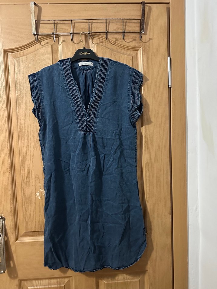 Lacivert V Yaka Kolsuz Salaş Keten Elbise - Görsel 4