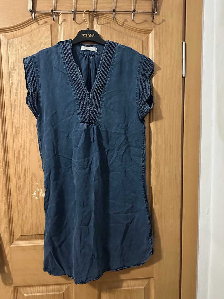 Lacivert V Yaka Kolsuz Salaş Keten Elbise - Görsel 3