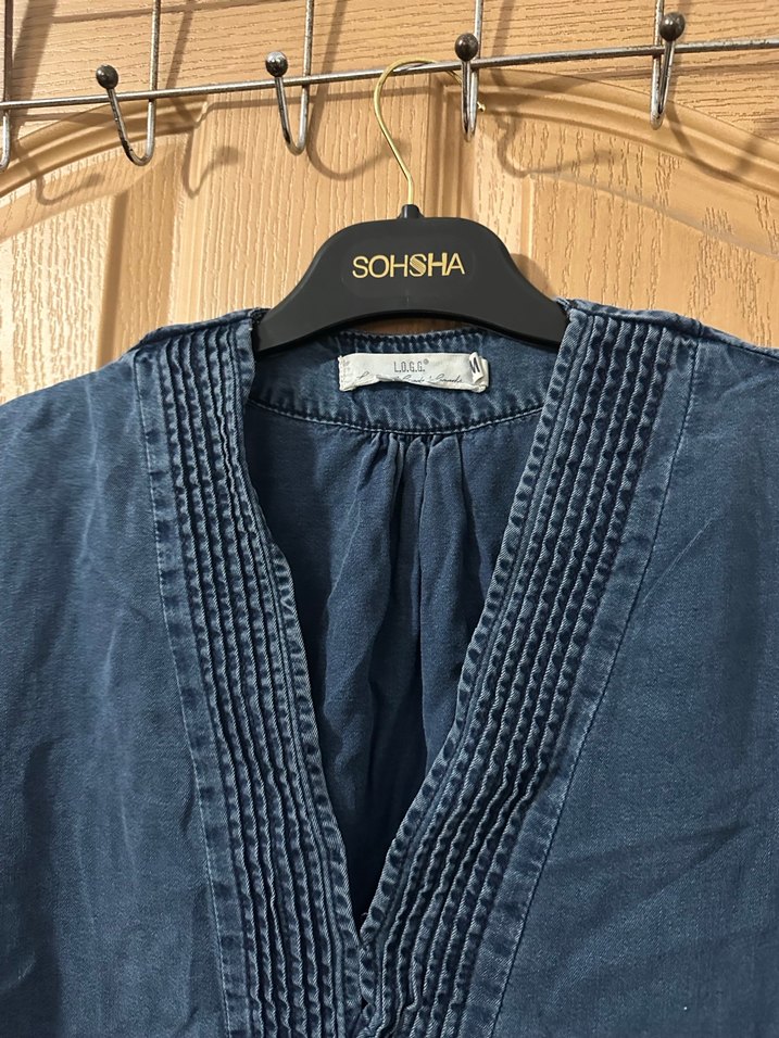 Lacivert V Yaka Kolsuz Salaş Keten Elbise - Görsel 5