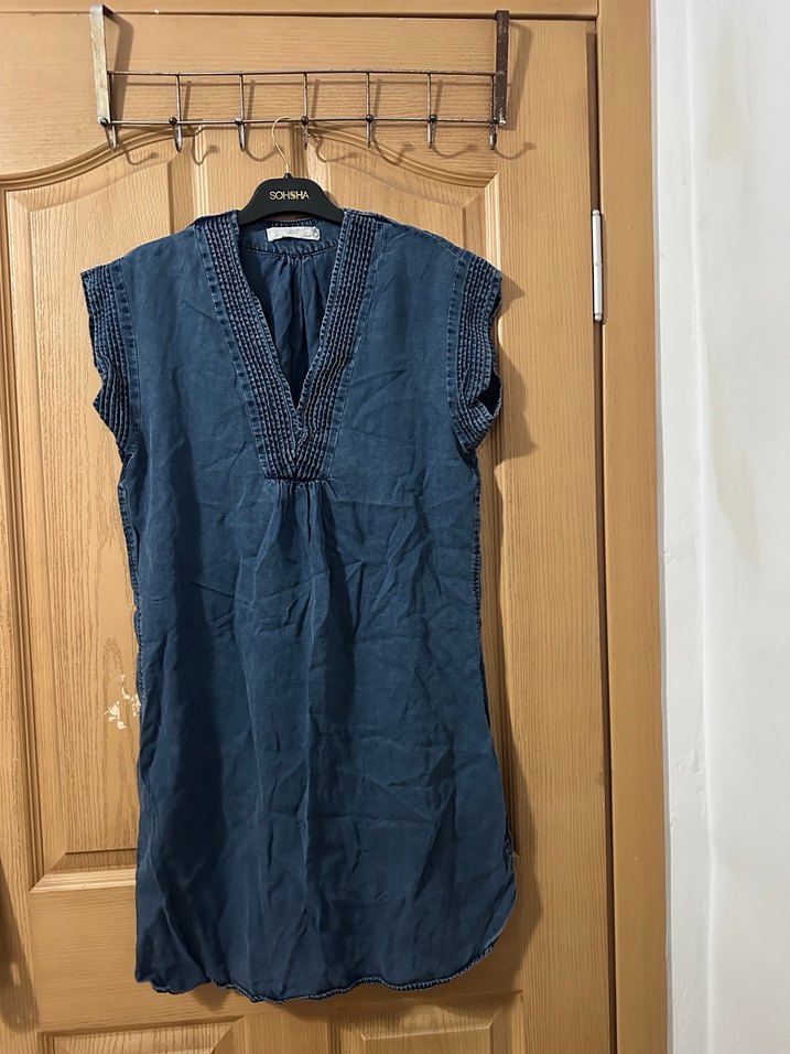 Lacivert V Yaka Kolsuz Salaş Keten Elbise - Görsel 2